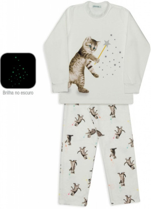 Pijama de moletinho infantil gatinhas mgicas - Estampa brilha no escuro
