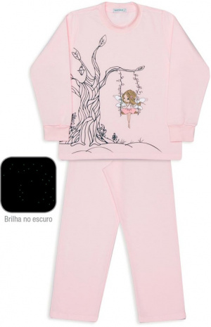 Pijama de moletinho infantil floresta encantada rosa - Estampa brilha no escuro