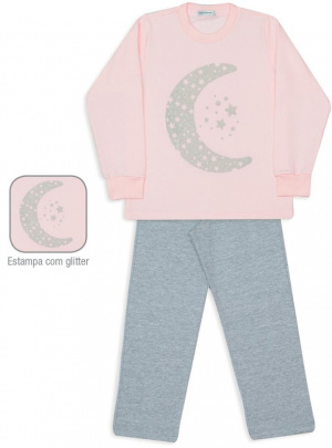 Pijama de moletinho infantil lua e estrelas rosa e mescla