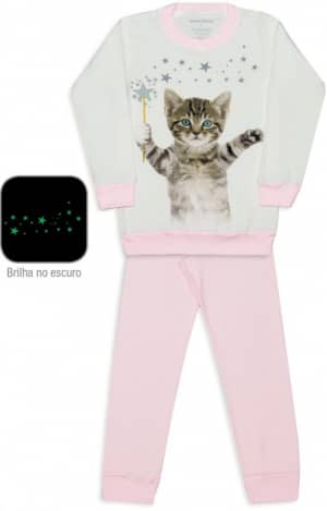 Pijama de ribana infantil gatinha mgica - Estampa brilha no escuro