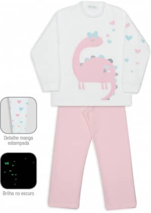 Pijama de soft infantil liso dino rosa - Estampa brilha no escuro