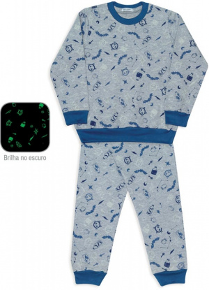 Pijama de moletinho infantil estampado elementos mgicos - Estampa brilha no escuro