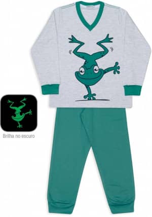 Pijama de moletinho infantil sapo verde e mescla - Estampa brilha no escuro