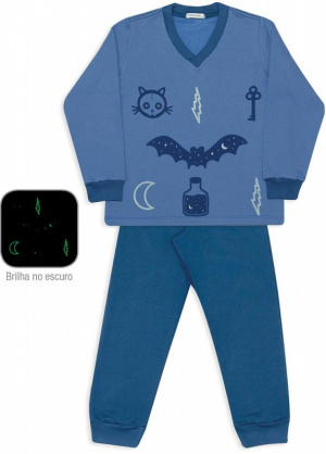 Pijama de moletinho infantil elementos mgicos azul - Estampa brilha no escuro