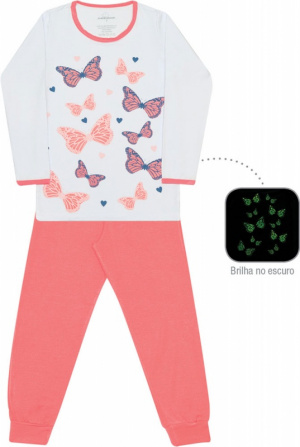Pijama longo de modal infantil borboletas - Estampa brilha no escuro
