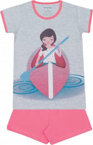 Pijama de meia malha infantil canoa mescla e rosa