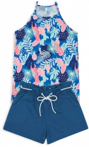 Conjunto infantil com blusa de viscolycra estampa tropical azul e short de moletom marinho