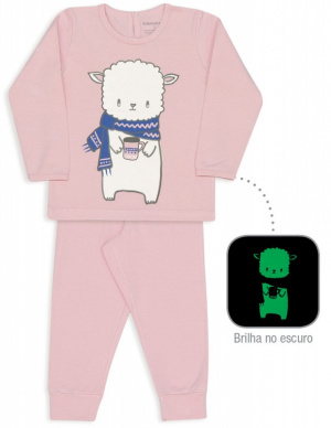 Pijama infantil de algodo e modal ovelhinha rosa - Estampa brilha no escuro