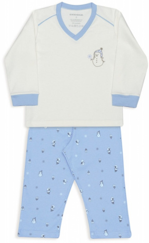 Pijama infantil decote V de suedine bonecos de neve azul