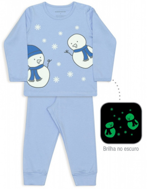 Pijama infantil de suedine bonecos de neve azul liso - Estampa brilha no escuro