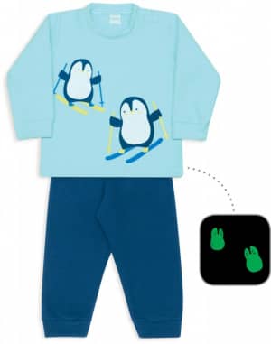 Pijama infantil de soft liso pinguins radicais - Estampa brilha no escuro