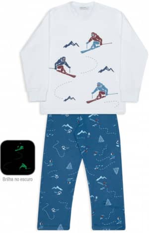 Pijama estampado de moletinho infanto-juvenil esquiadores - Estampa brilha no escuro