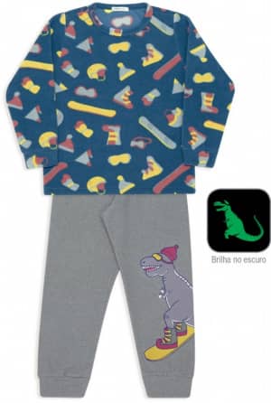 Pijama de soft infantil snowboard e dino - Estampa brilha no escuro