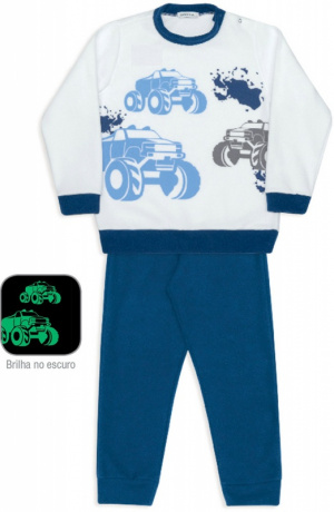 Pijama abrigo de soft infantil carros de neve - Estampa brilha no escuro