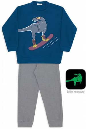 Pijama abrigo de soft infanto-juvenil dino snowboard - Estampa brilha no escuro