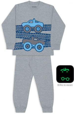 Pijama de meia malha infantil carros de neve - Estampa brilha no escuro