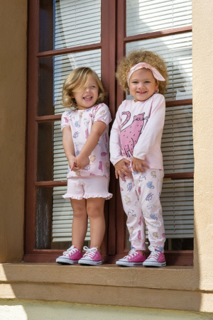 Pijama infantil de algodo e modal gatas coloridas com babados