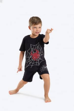 Pijama preto aranha de meia malha infanto-juvenil - Estampa brilha no escuro