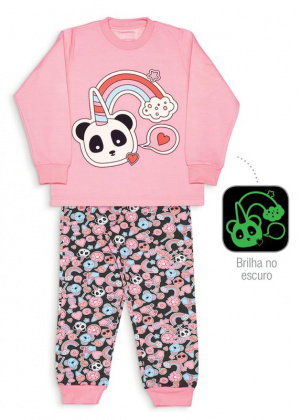 Pijama adesivos e panda unicrnio infanto-juvenil de moletinho - Estampa brilha no escuro