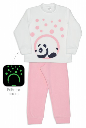 Pijama panda rosa infantil de soft - Estampa brilha no escuro