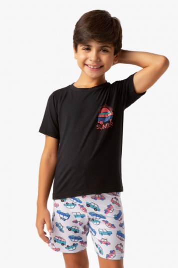 Pijama curto infantil de modal carros de frias preto 