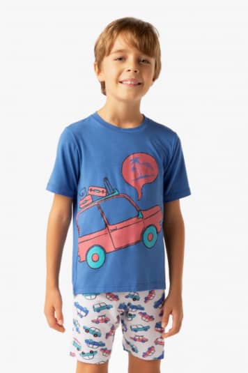 Pijama infantil de modal azul carros - Brilha no escuro