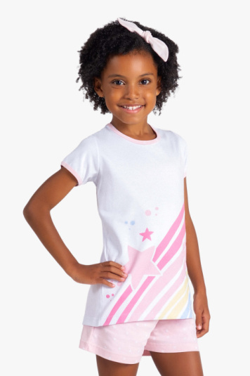Pijama curto infantil arco-ris e rosa estrelinha