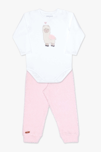 Conjunto com body trmico e cala sherpa rosa para beb