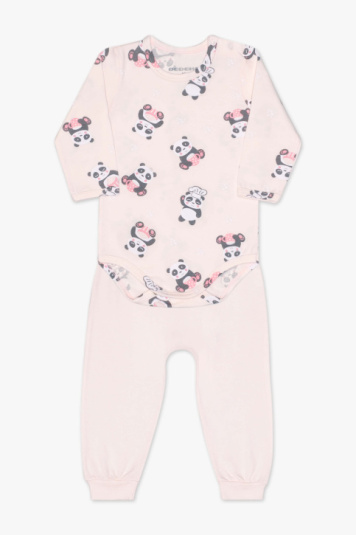 Conjunto body algodo modal rosa panda para beb