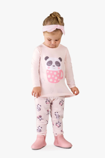 Pijama algodo e modal rosa panda infantil
