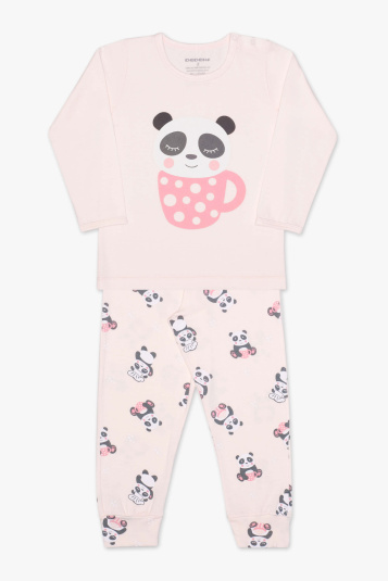 Pijama algodo e modal rosa panda infantil