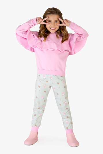 Pijama teen moletinho rosa babado com frufru