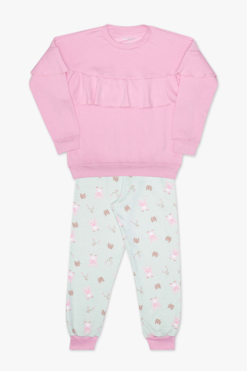 Pijama teen moletinho rosa babado com frufru