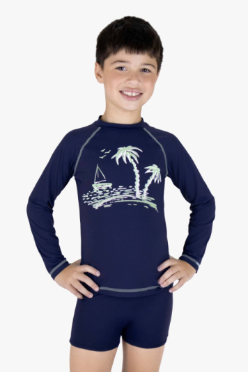 Camiseta infantil com proteo solar coqueiros marinho